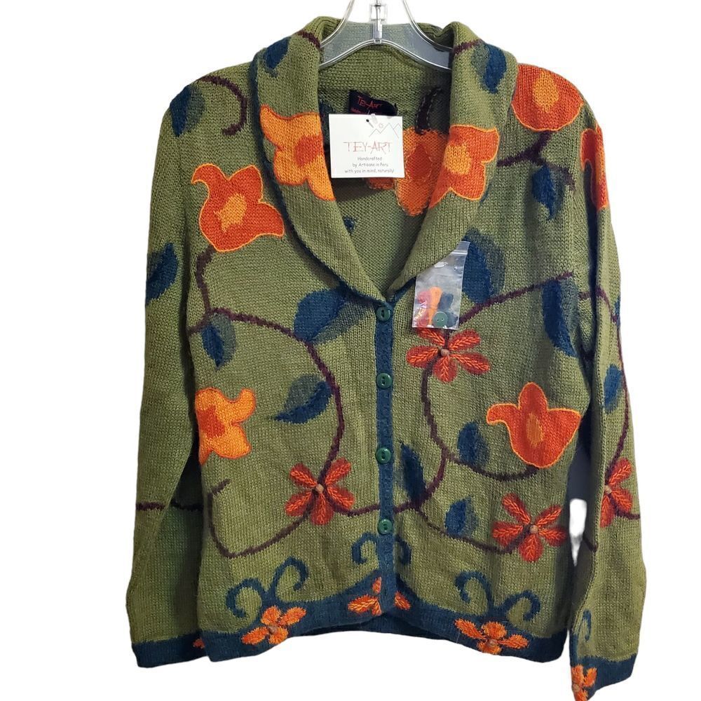 New Tey-Art ALPACA Blend Floral Embroidered Sweater Cardigan Size M Tabask #1